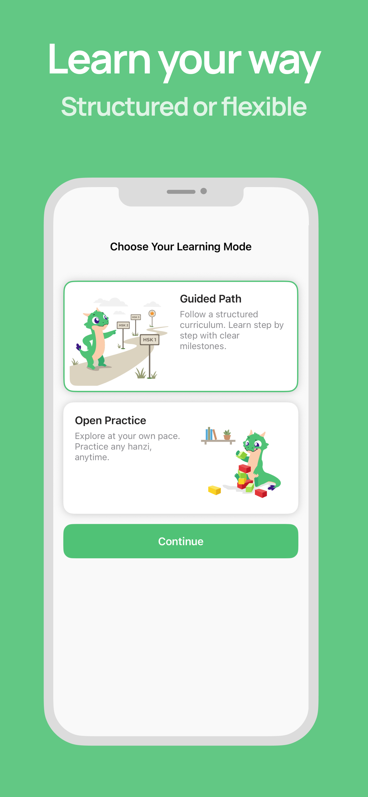 Choosing Guided Path or Open Practice mode
