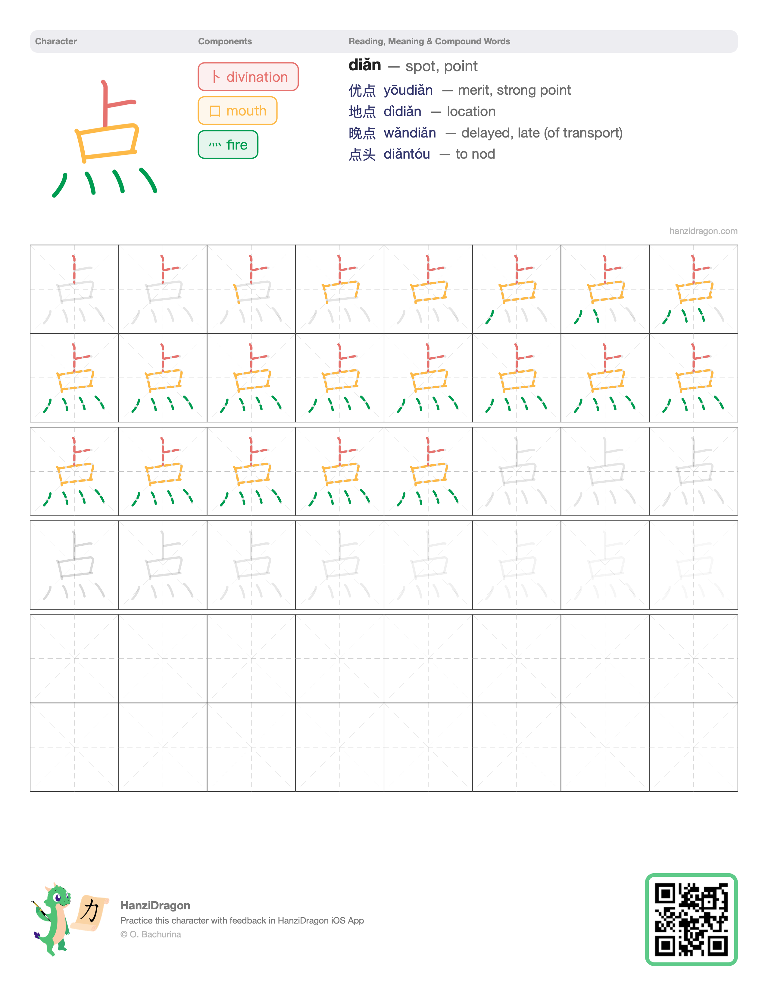Chinese character worksheet for 点 (diǎn, o'clock) with color-coded components and a stroke order practice grid