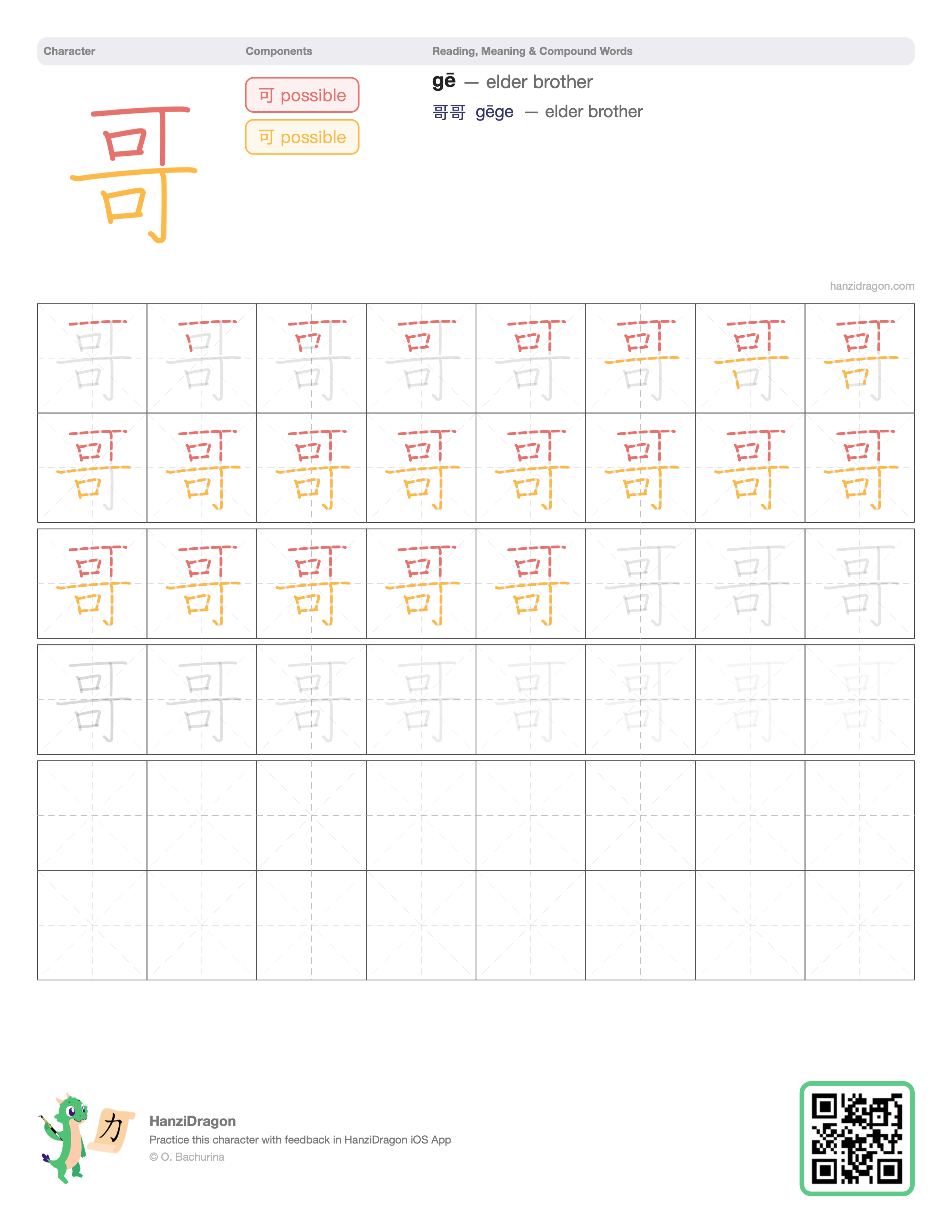 Chinese character worksheet for 哥 (gē, elder brother) with color-coded components and a stroke order practice grid