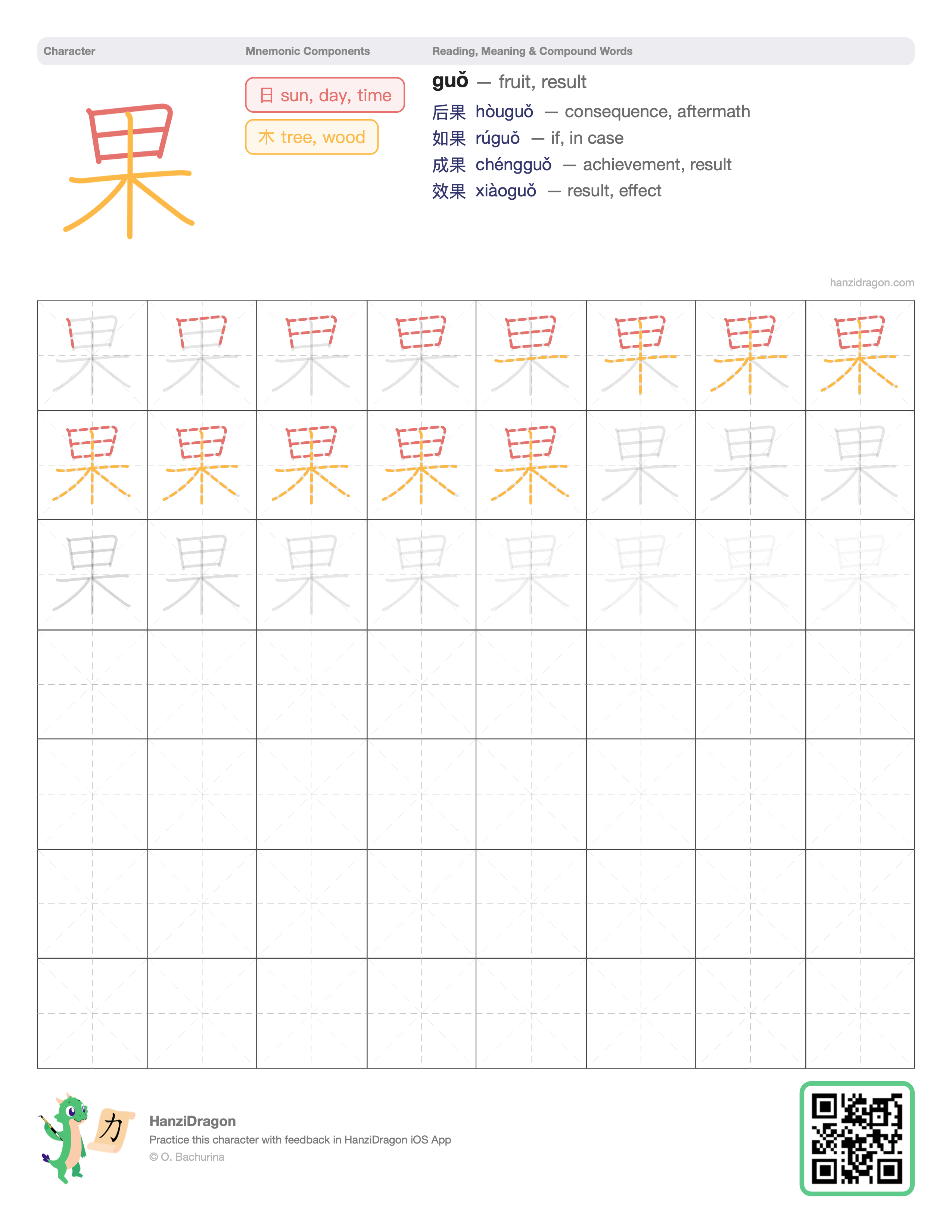 Chinese character worksheet for 果 (guǒ, fruit, result) with color-coded components and a stroke order practice grid
