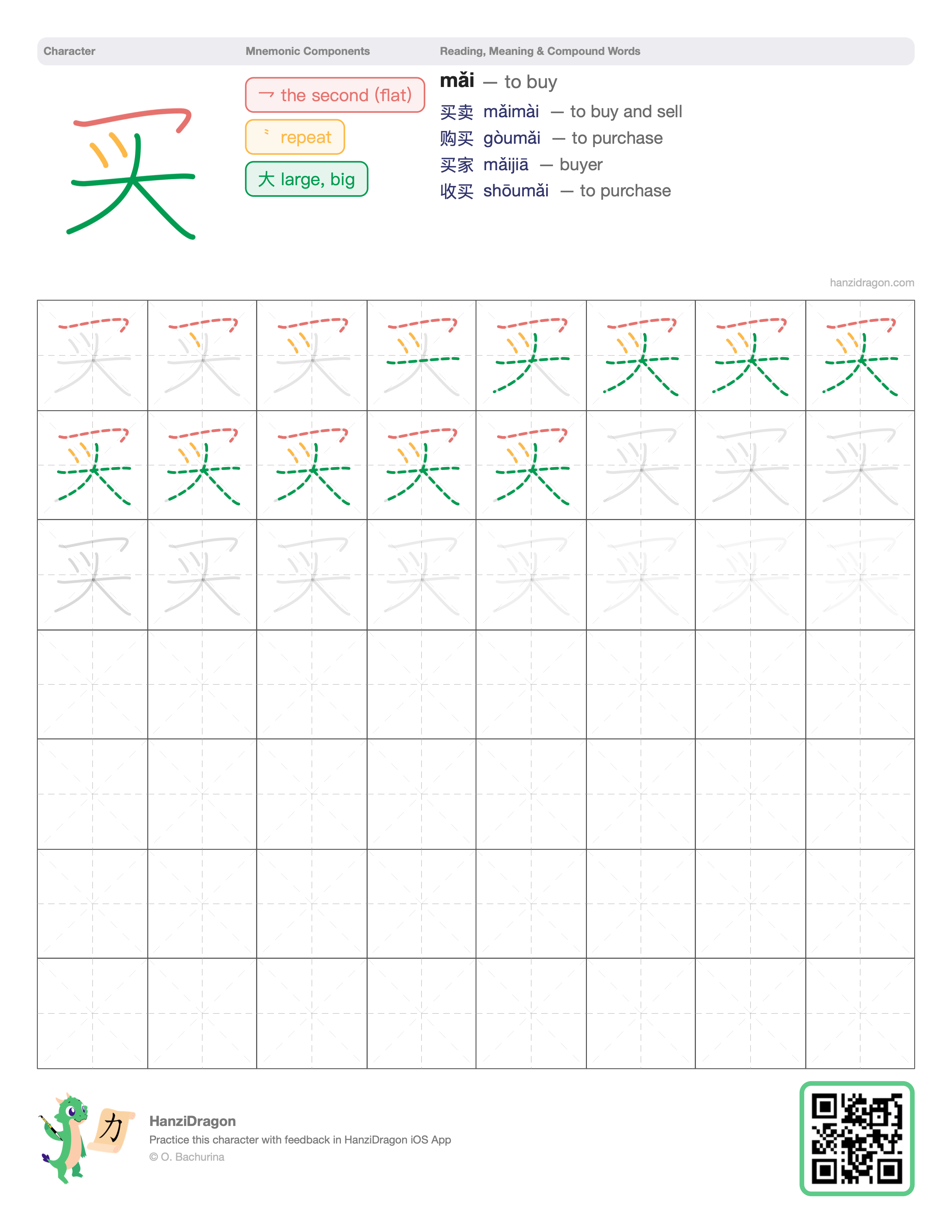 Chinese character worksheet for 买 (mǎi, to buy) with color-coded components and a stroke order practice grid