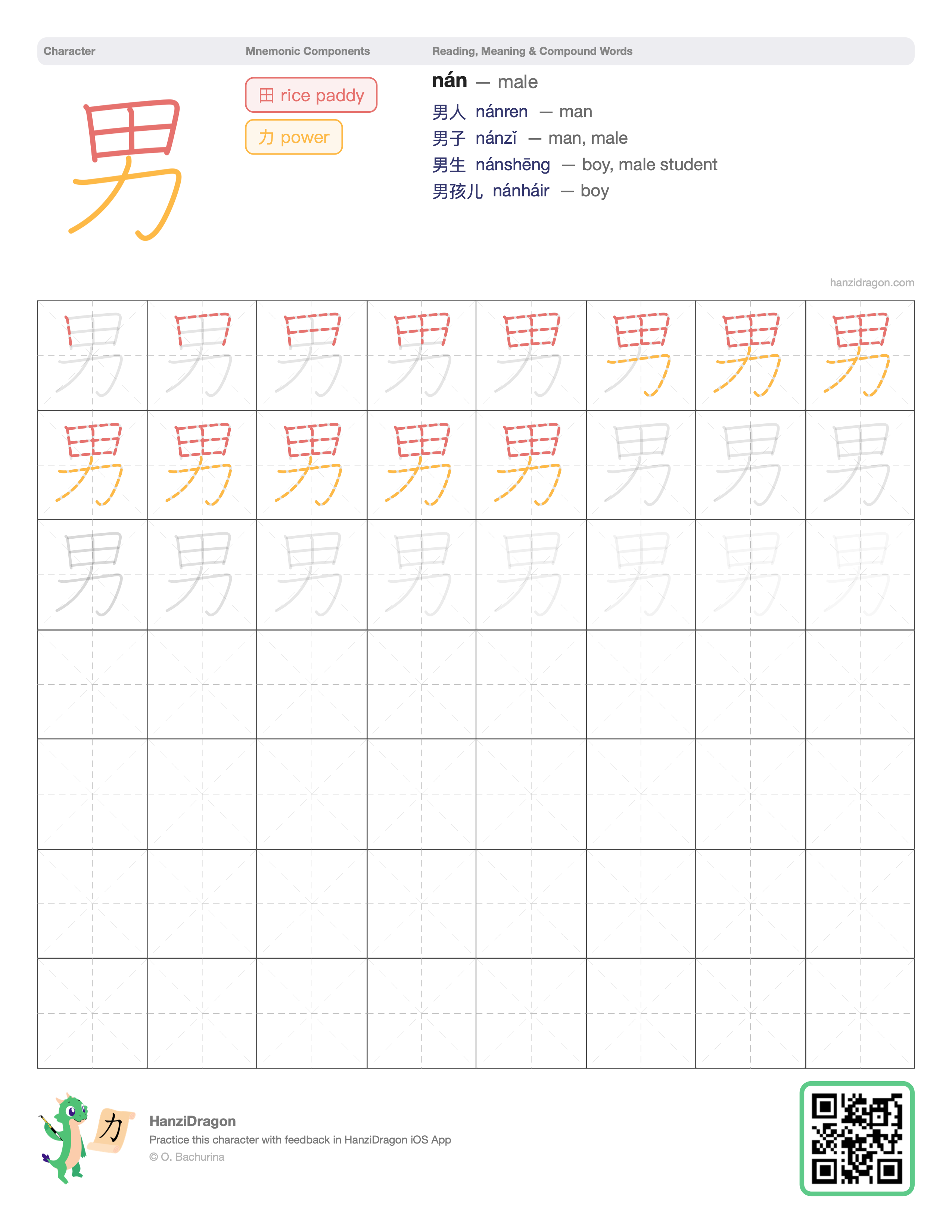 Chinese character worksheet for 男 (nán, male, man) with color-coded components and a stroke order practice grid