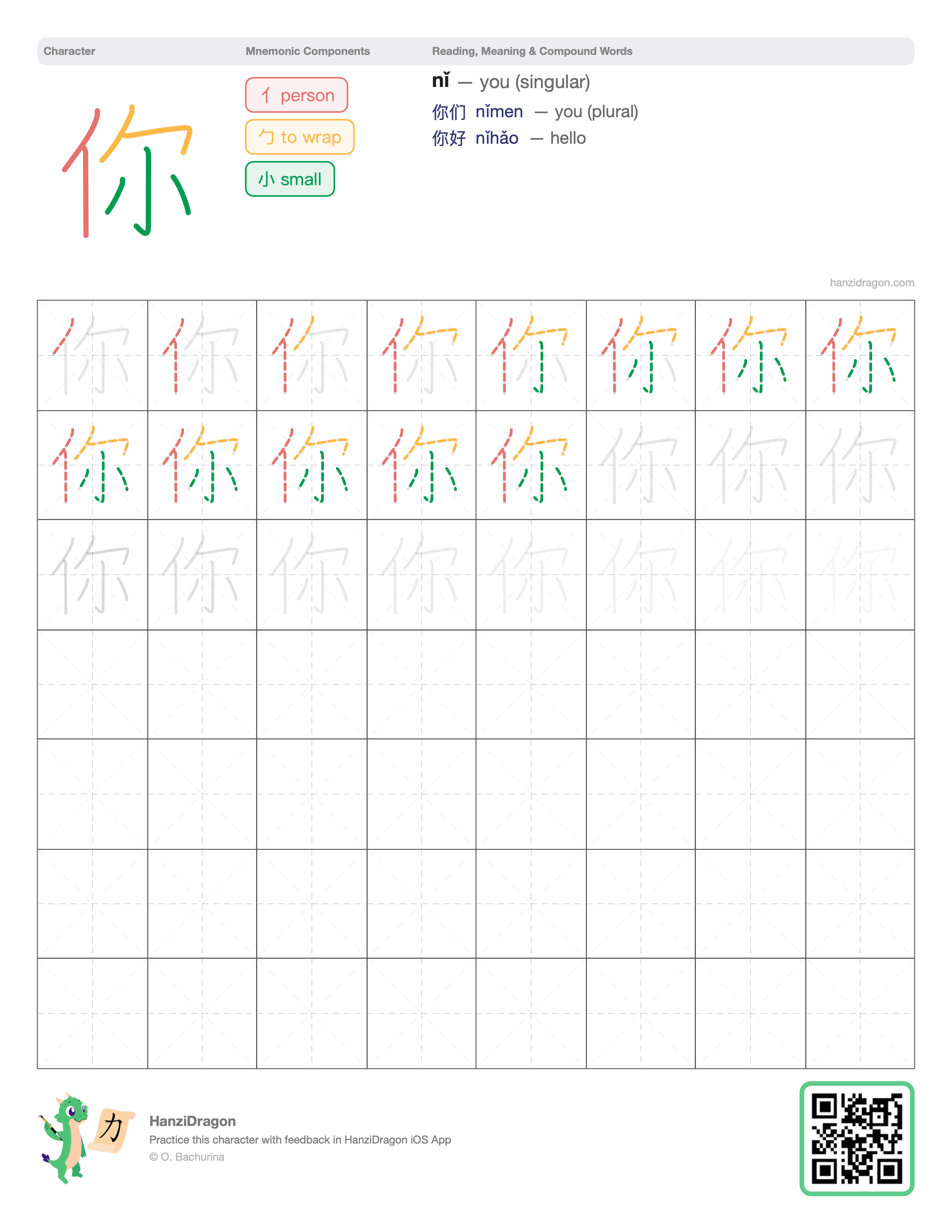 Chinese character worksheet for 你 (nǐ, you) with color-coded components and a stroke order practice grid