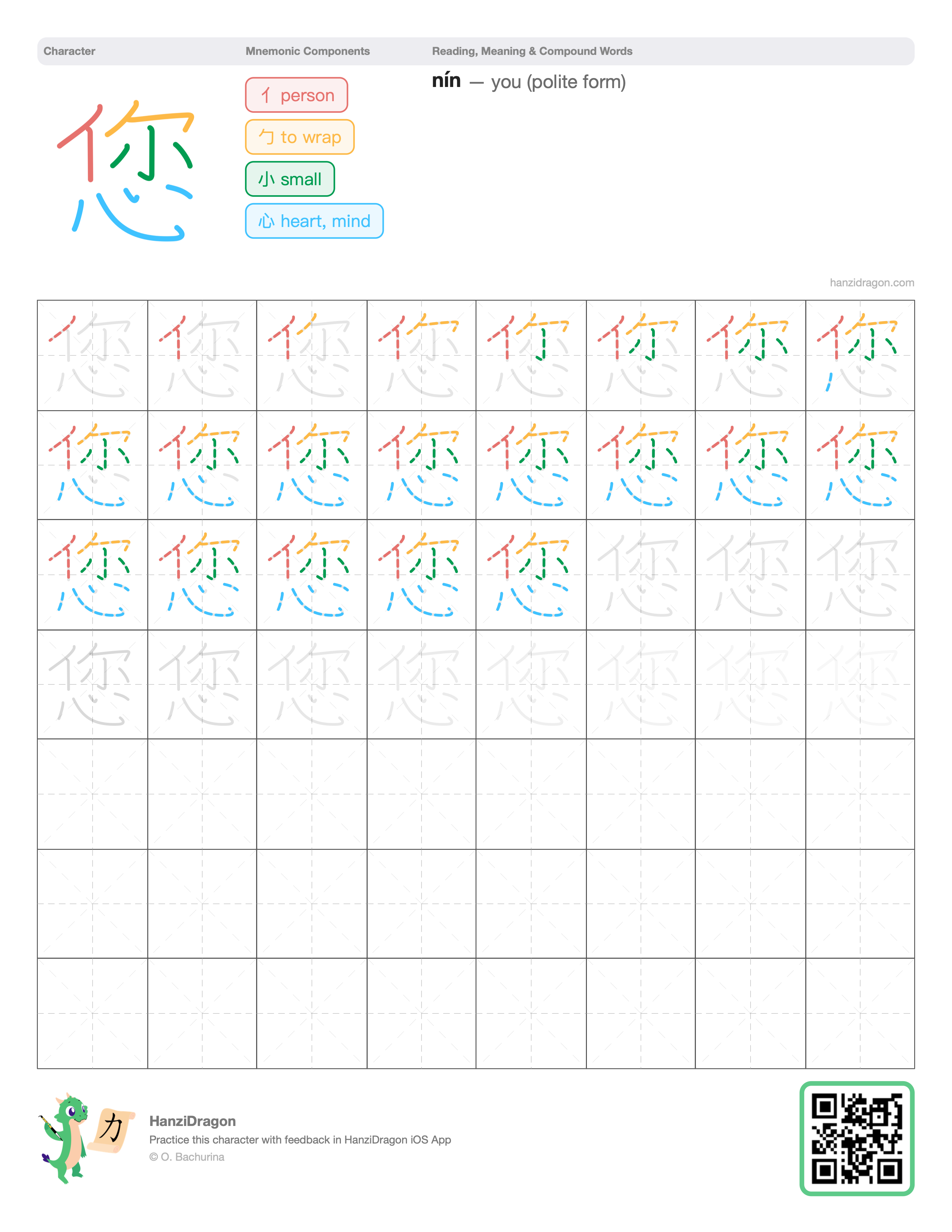 Chinese character worksheet for 您 (nín, you, polite) with color-coded components and a stroke order practice grid