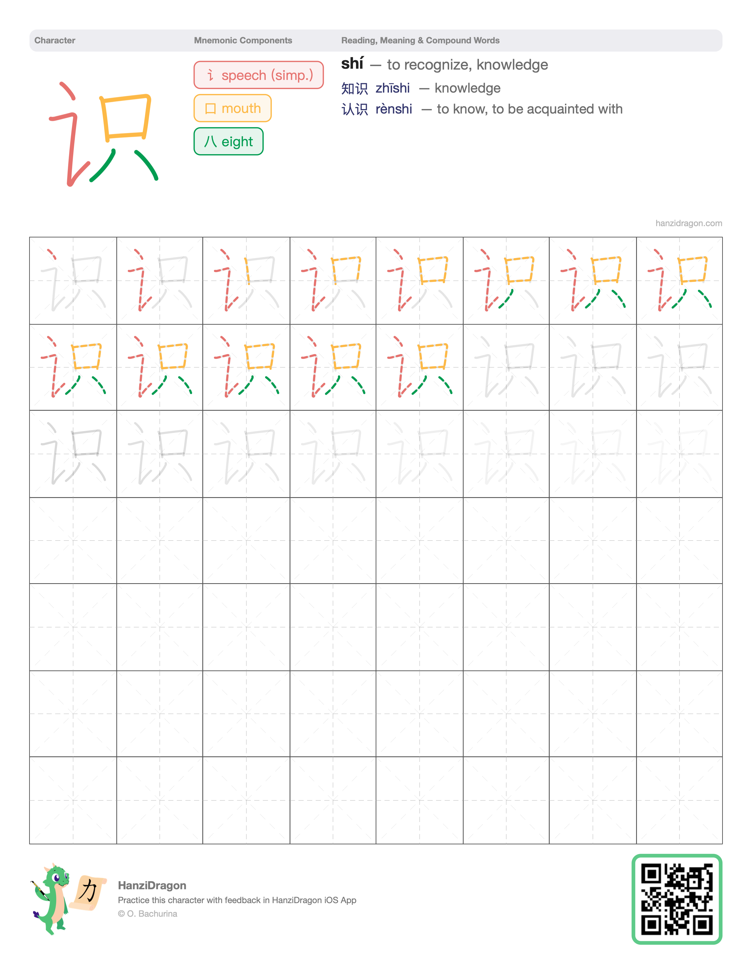 Chinese character worksheet for 识 (shí, to know, to recognize) with color-coded components and a stroke order practice grid