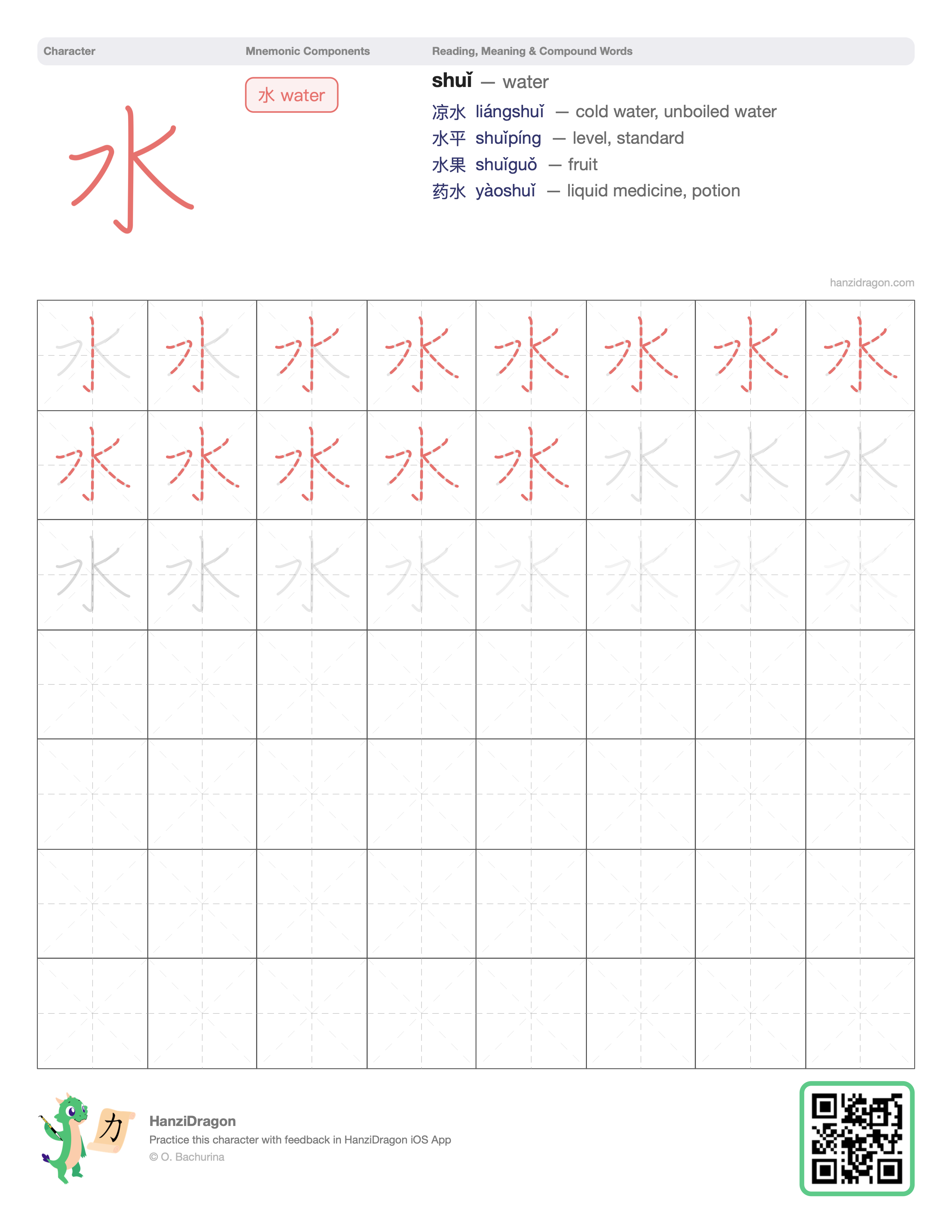 Chinese character worksheet for 水 (shuǐ, water) with color-coded components and a stroke order practice grid