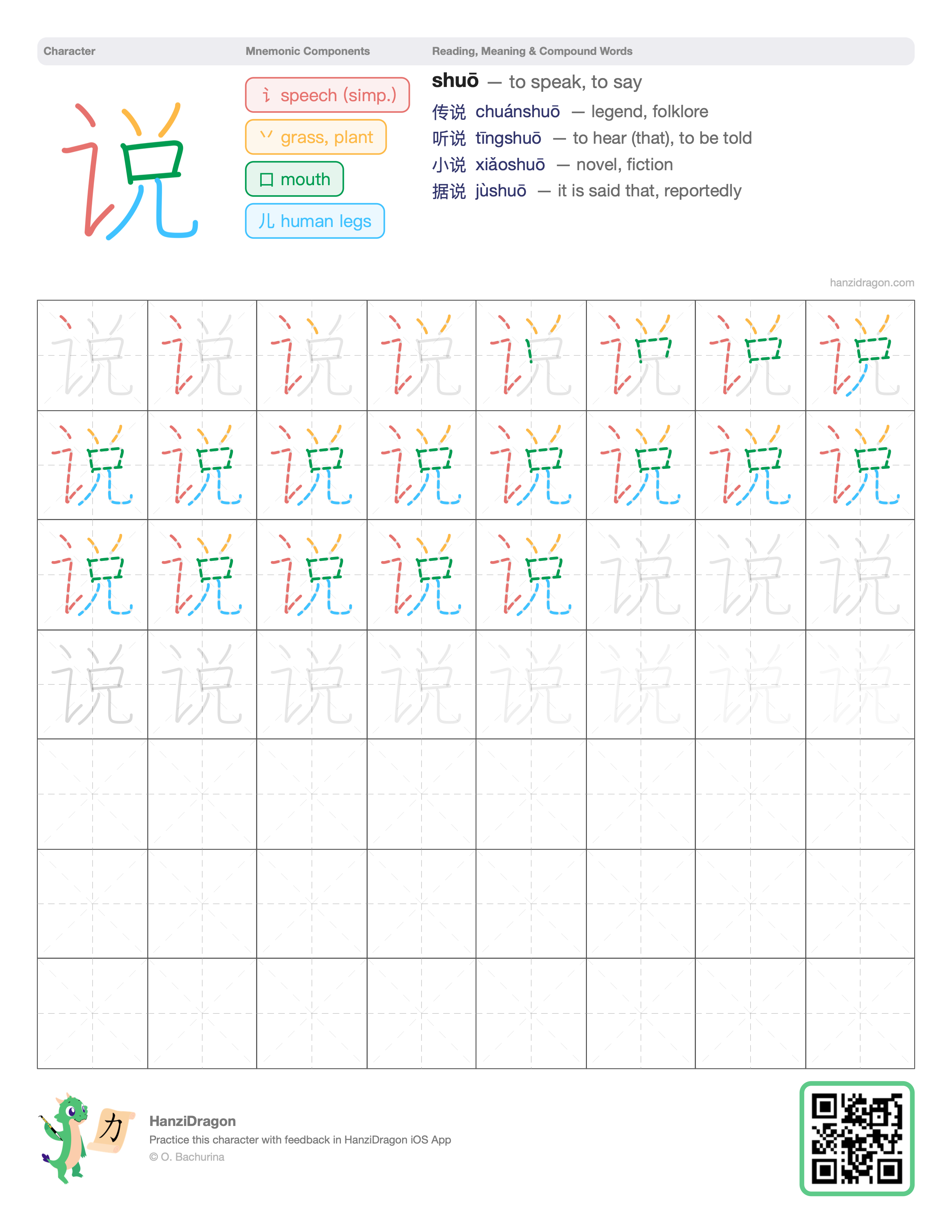 Chinese character worksheet for 说 (shuō, to speak, to say) with color-coded components and a stroke order practice grid