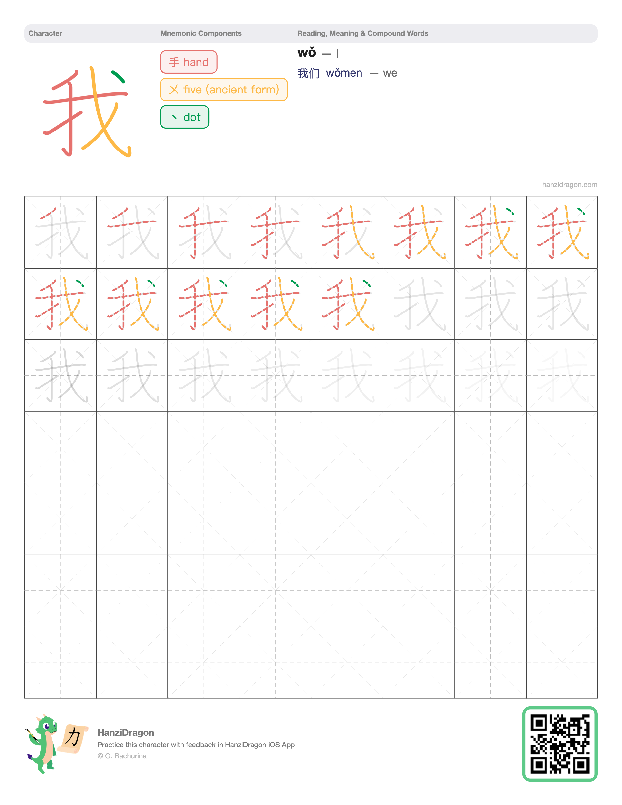 Chinese character worksheet for 我 (wǒ, I/me) with color-coded components and a stroke order practice grid